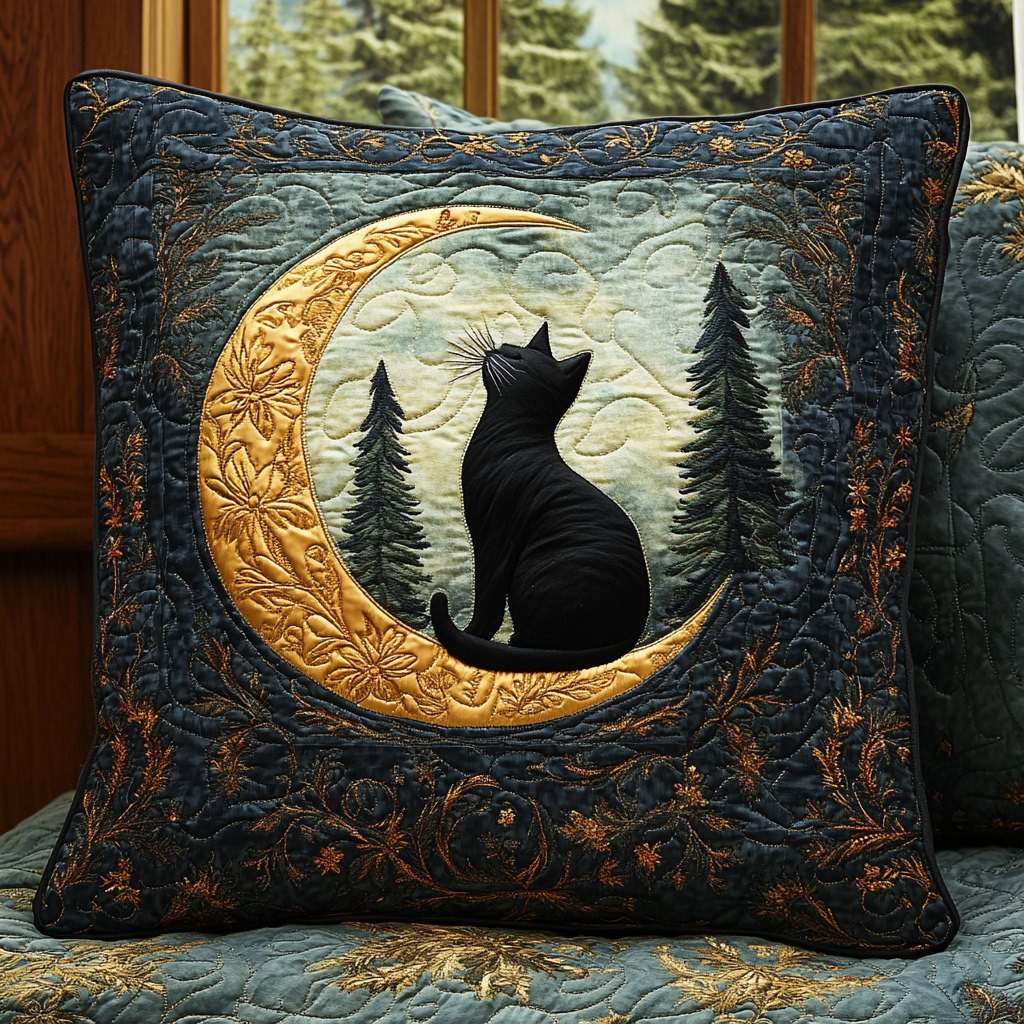 Black Cat Moon Quilted Cushion Cover printed cushion cover