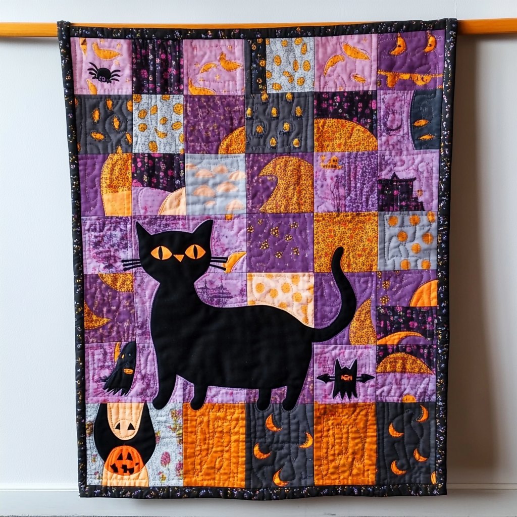 Black Cat Mystical Halloween Quilted Blanket printed blanket