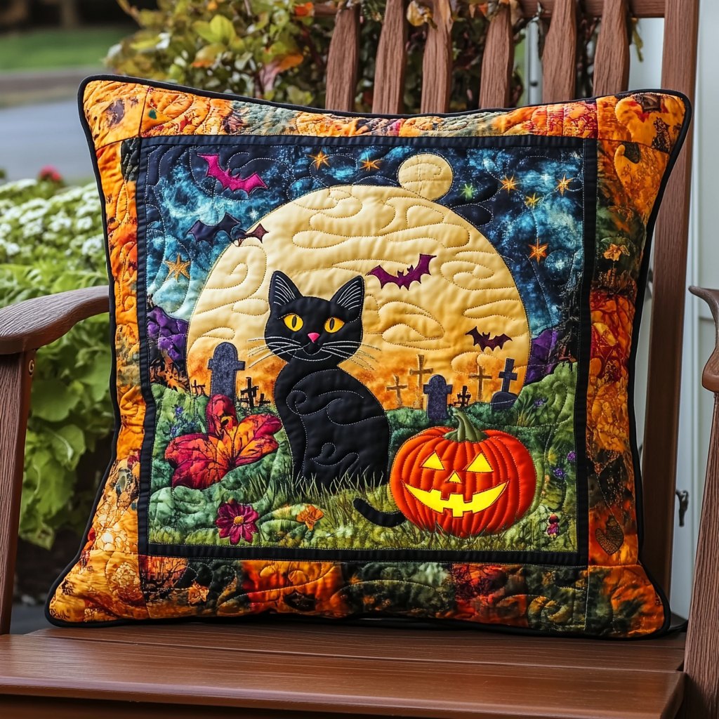 Black Cat Mystical Halloween Quilted Cushion Cover printed cushion cover