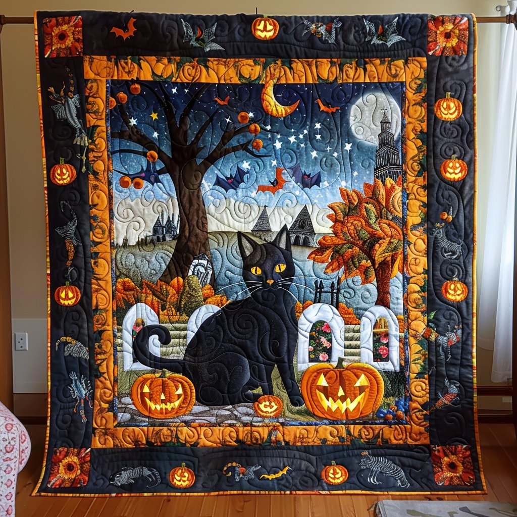 Black Cat Pumpkin Quilted Blanket printed blanket