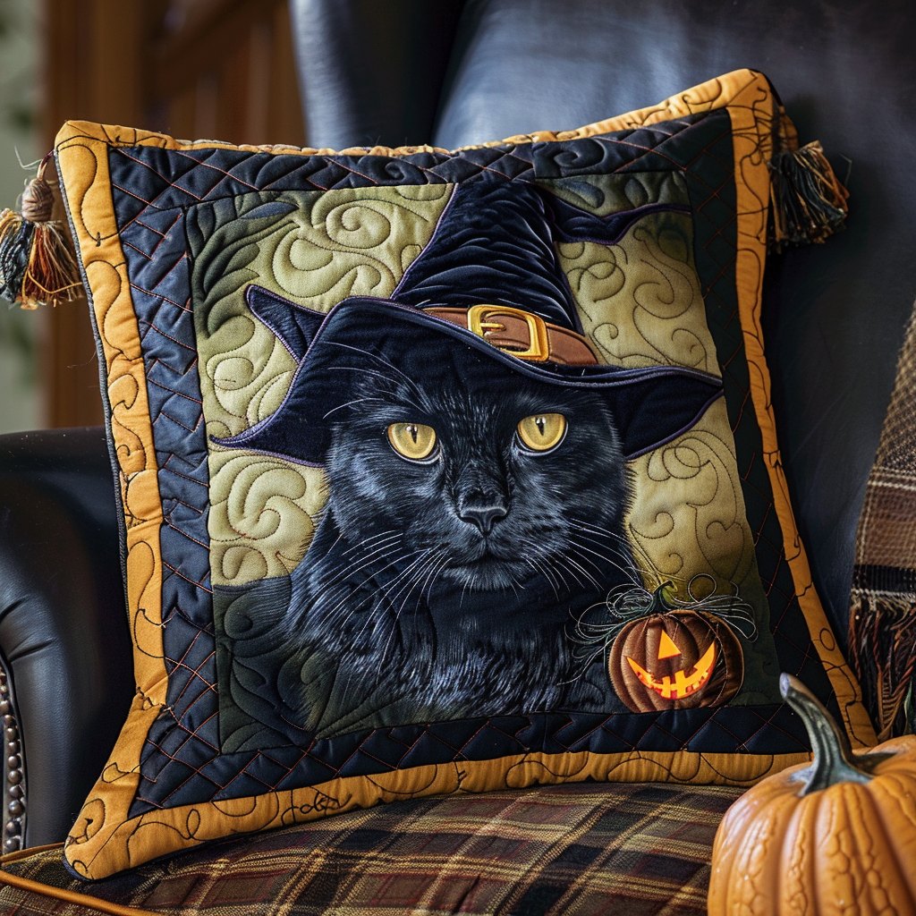 Black Cat Witch Quilted Cushion Cover printed cushion cover