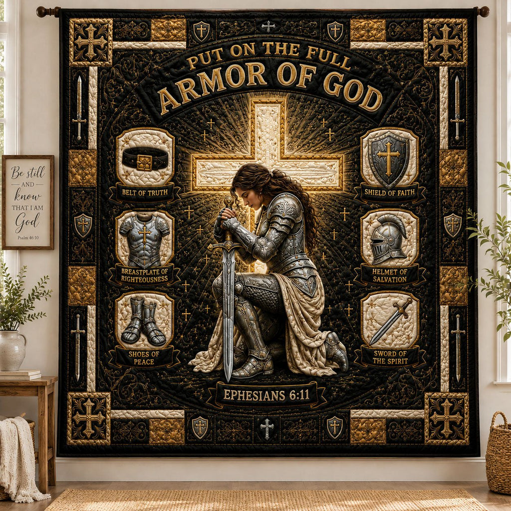 Black Gold Divine Warrior Armor Of God Quilted Blanket printed blanket