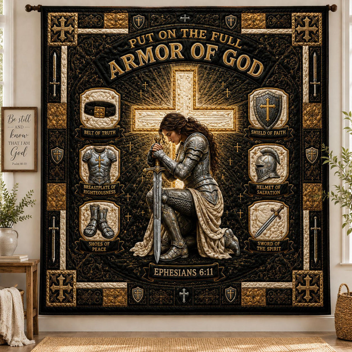 Black Gold Divine Warrior Armor Of God Quilted Blanket printed blanket
