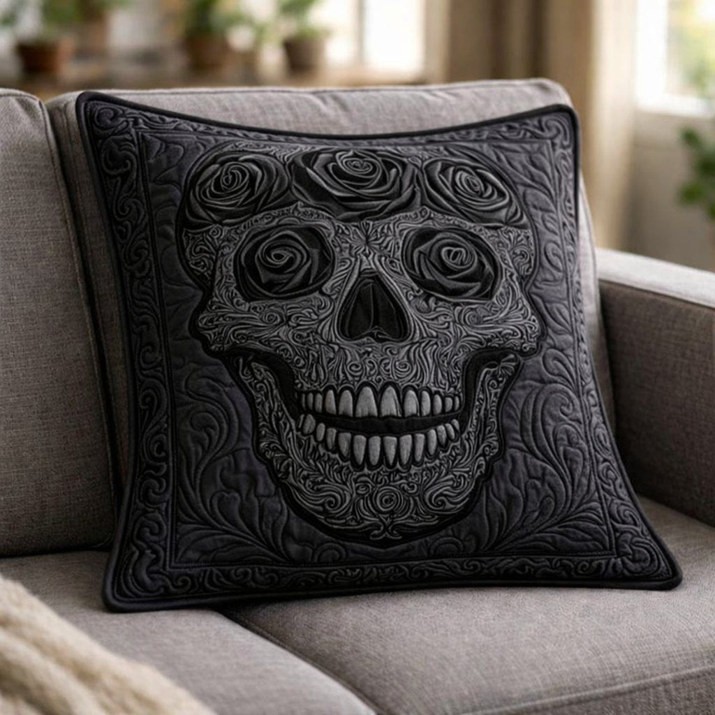 Black Rose Skull Quilted Cushion Cover printed cushion cover