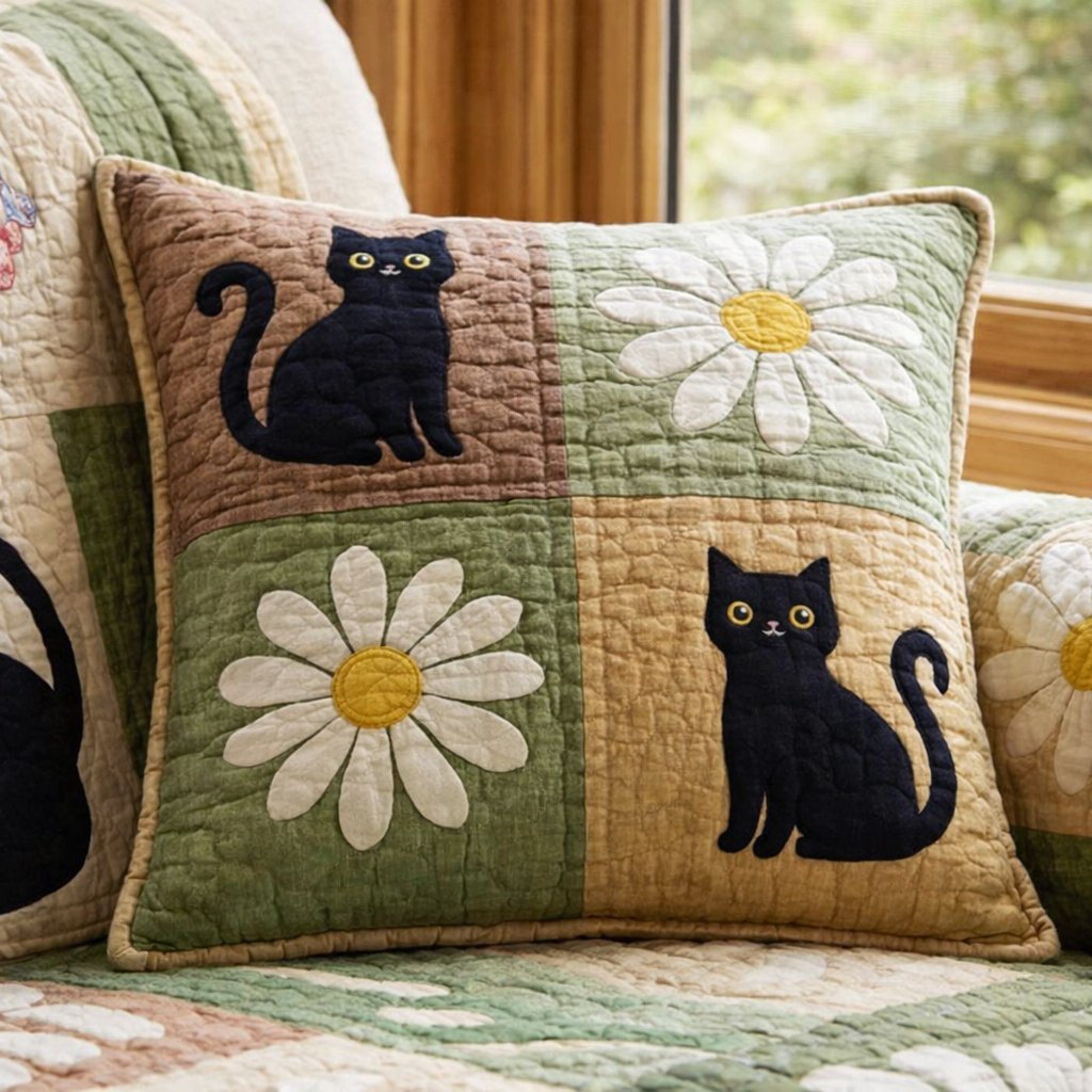 Bloom Cat Harmony Quilted Cushion Cover printed cushion cover