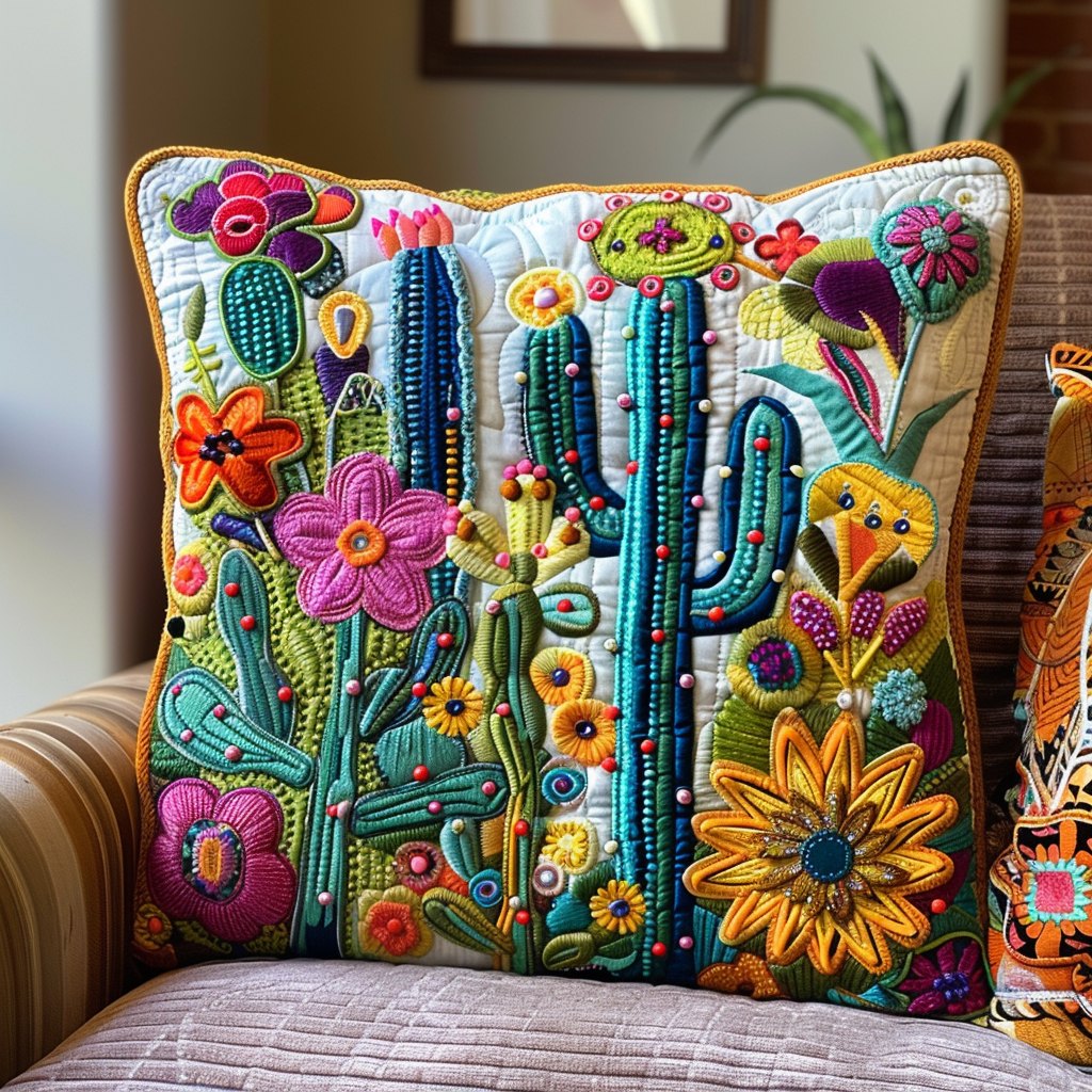 Blooming Cacti Quilted Cushion Cover printed cushion cover