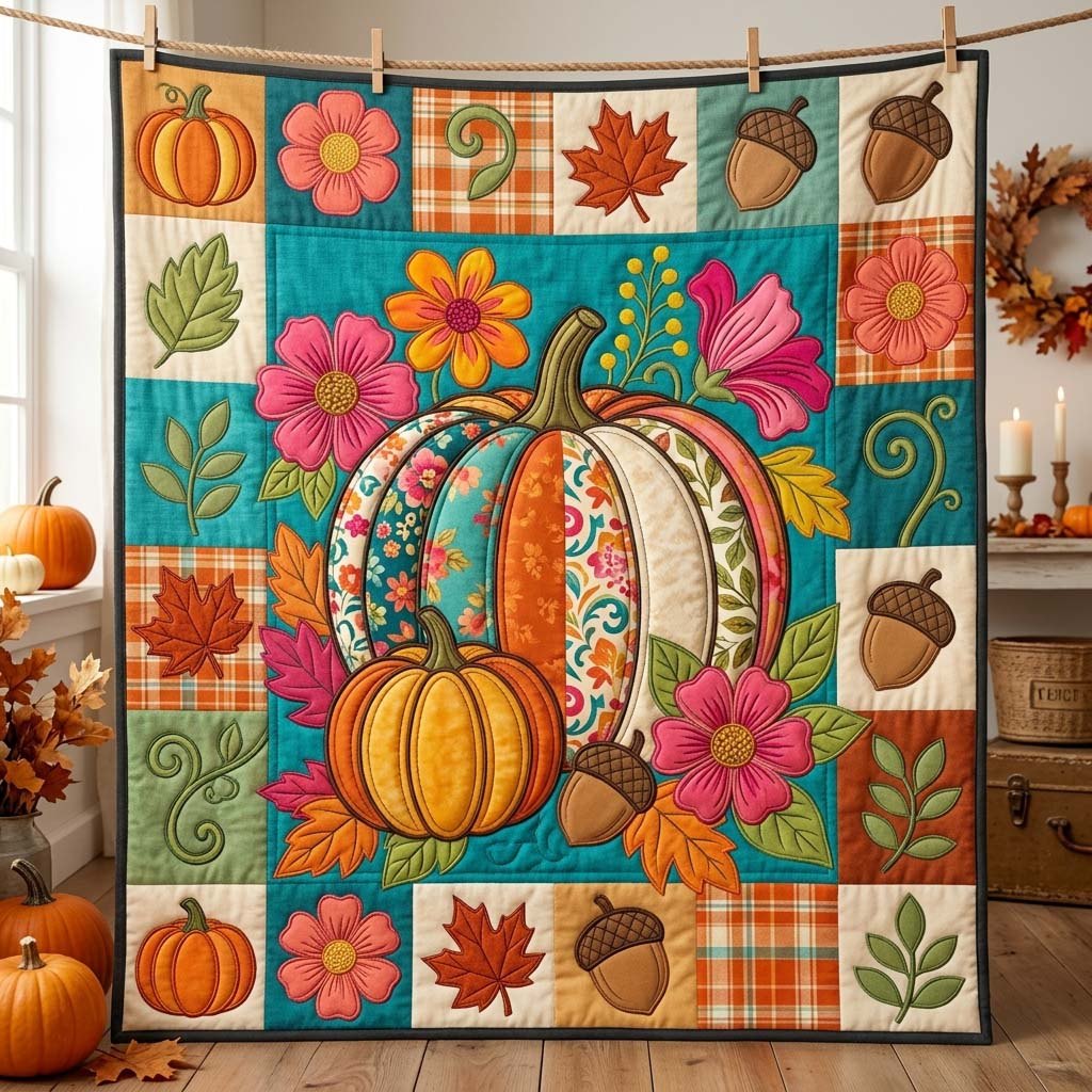 Blooming Harvest Pumpkin Quilted Blanket printed blanket
