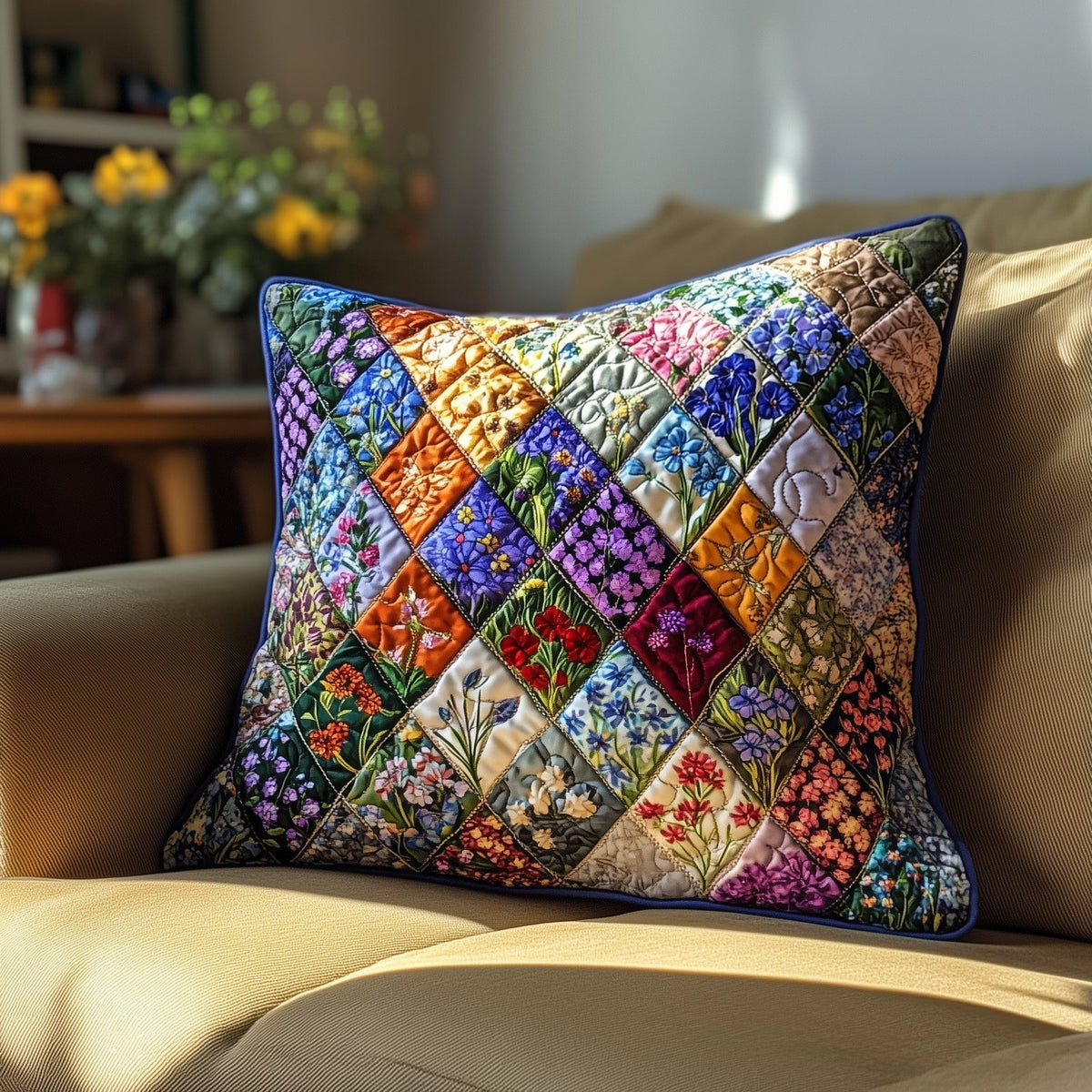 Blooming Patch Quilted Cushion Cover printed cushion cover