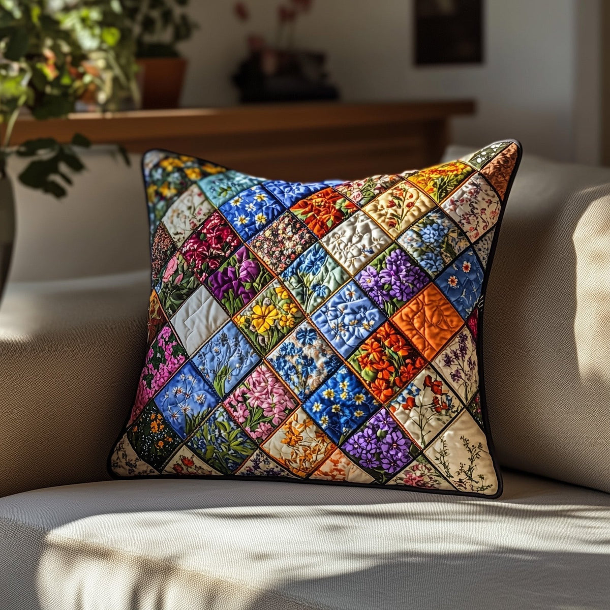 Blooming Patch Quilted Cushion Cover printed cushion cover