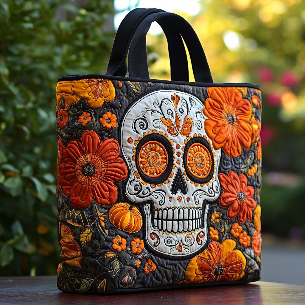 Blooming Sugar Skull Quilted Tote Bag printed tote bag