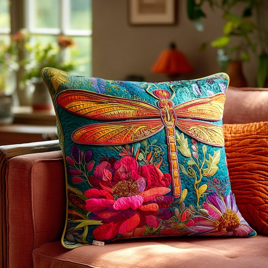 Blossom Symphony Dragonfly Quilted Cushion Cover printed cushion cover