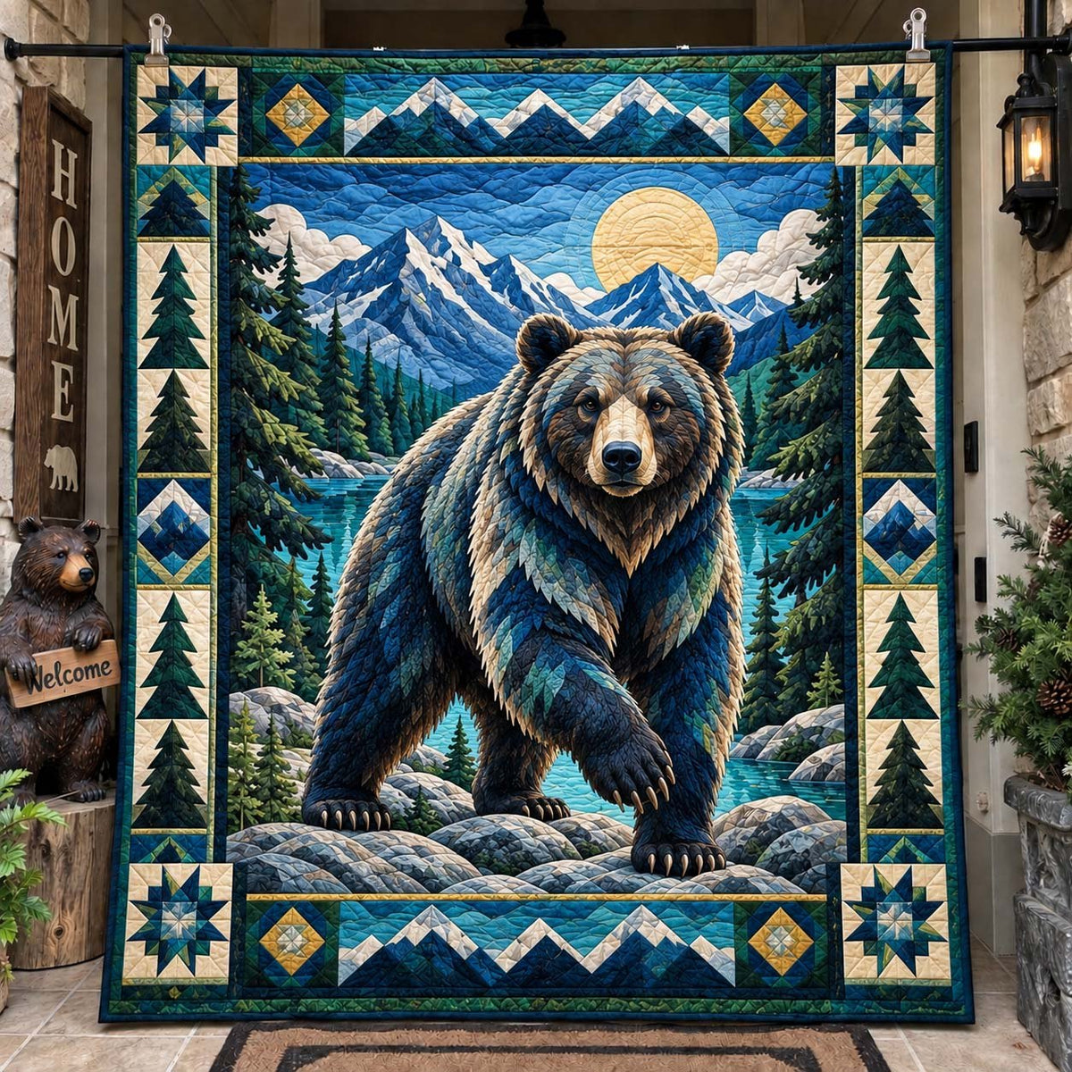 Blue Alpine Lake Bear printed blanket