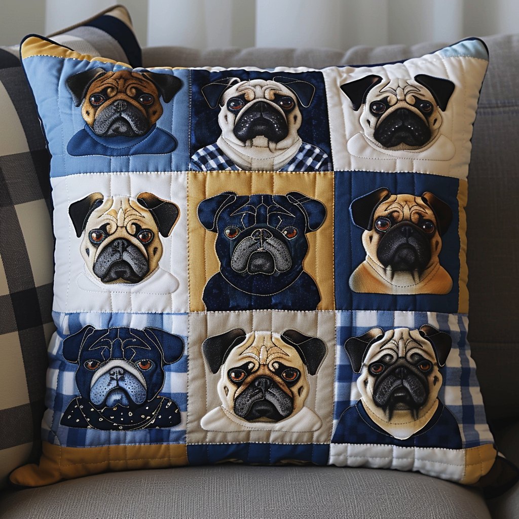 Blue and Gold Pugs Quilted Cushion Cover printed cushion cover
