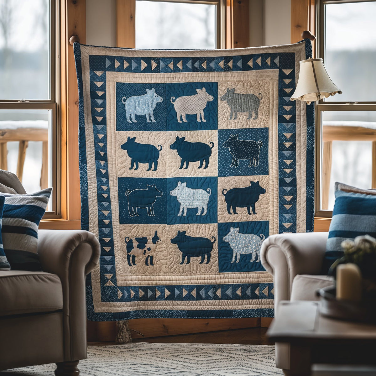 Blue Barnyard Pig Quilted Blanket printed blanket