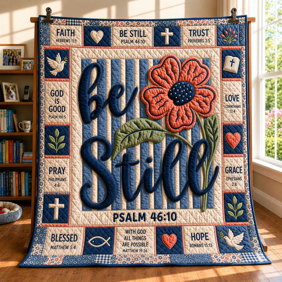 Blue Blossom Faith Quilted Blanket printed blanket