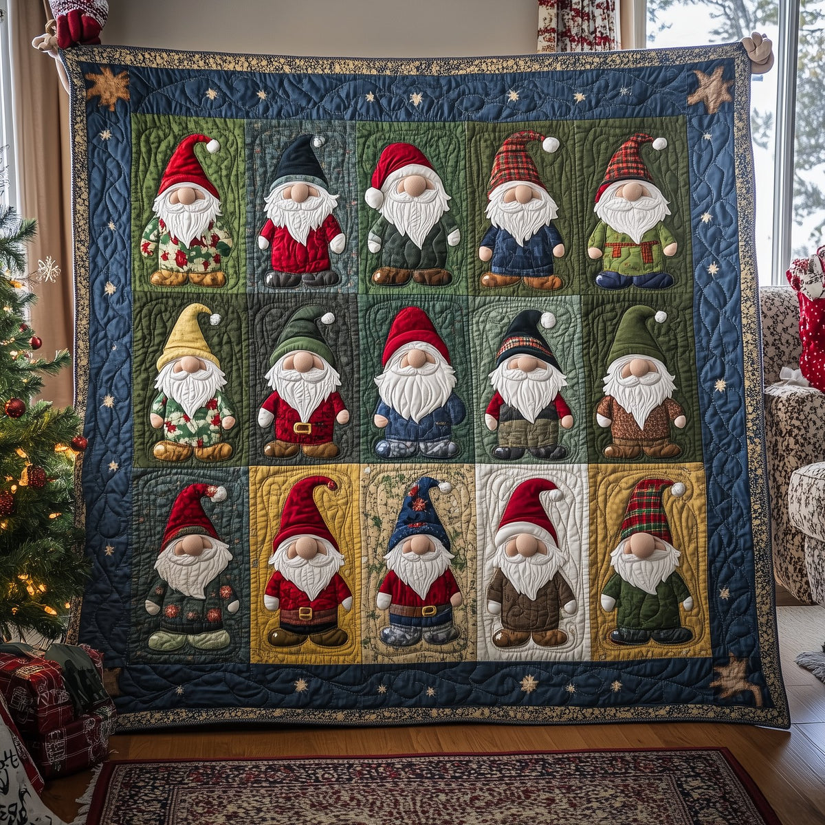 Blue Christmas Gnomes Quilted Blanket printed blanket