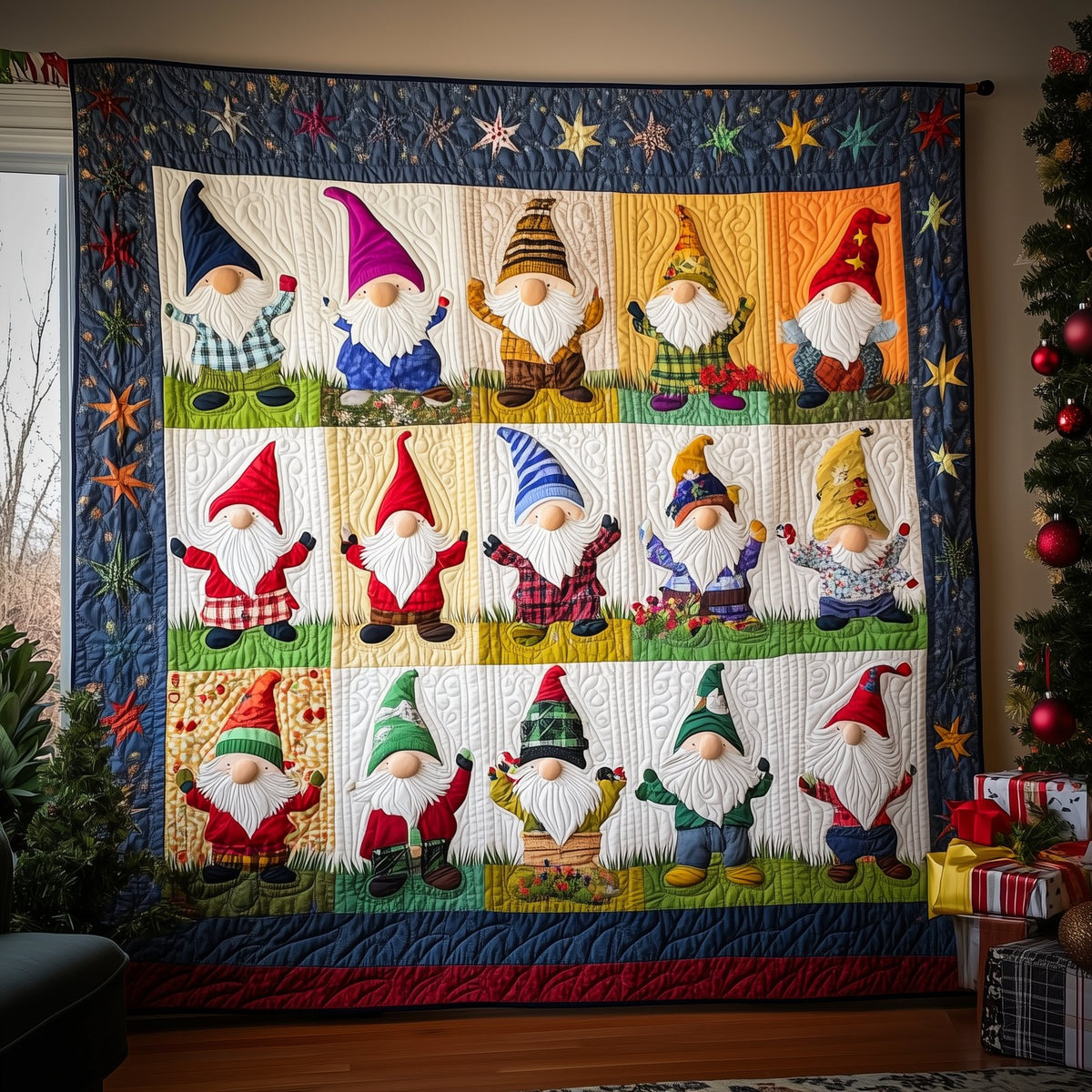 Blue Christmas Gnomes Quilted Blanket printed blanket