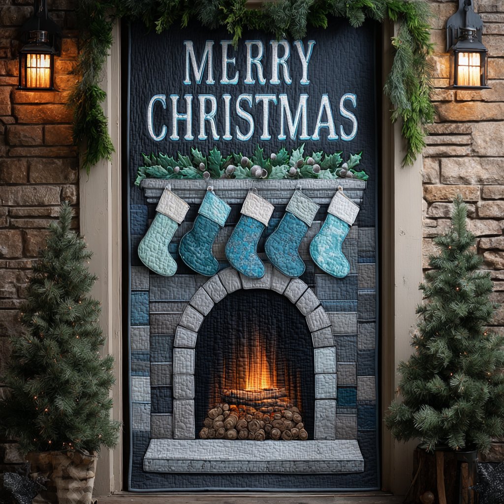Blue Frost Fireplace Quilted Door Curtain printed door curtain
