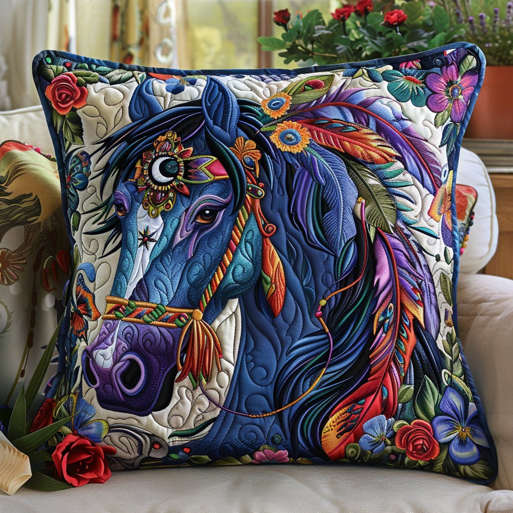 Blue Horse Quilted Cushion Cover printed cushion cover