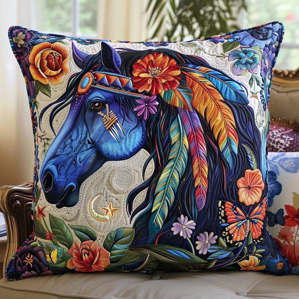 Blue Horse Quilted Cushion Cover printed cushion cover