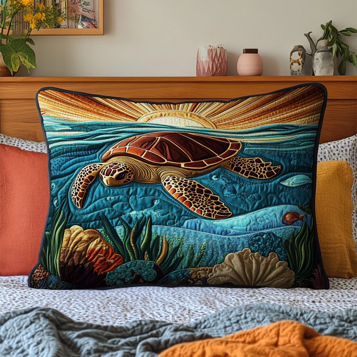 Blue Lagoon Turtle Quilted Bedding Cushion Cover printed cushion cover