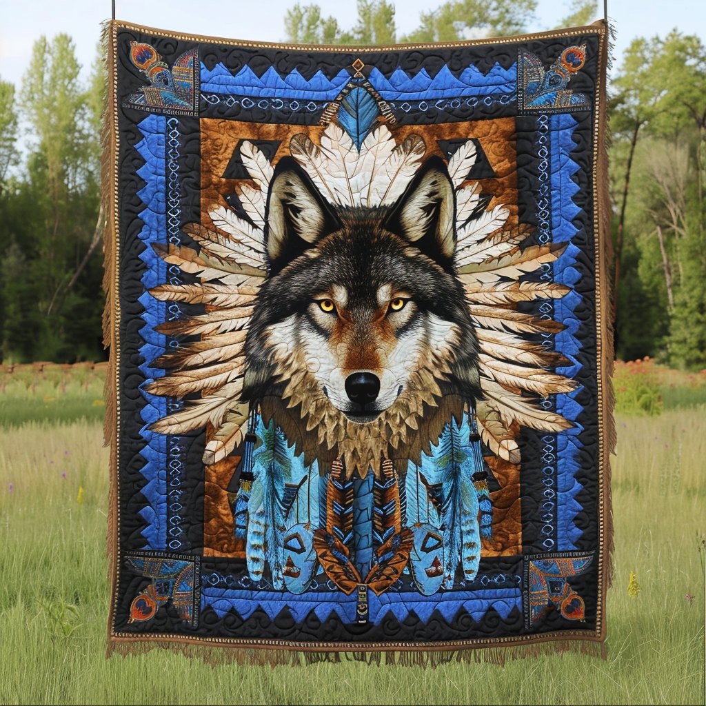 Blue Native Wolf Quilted Blanket printed blanket