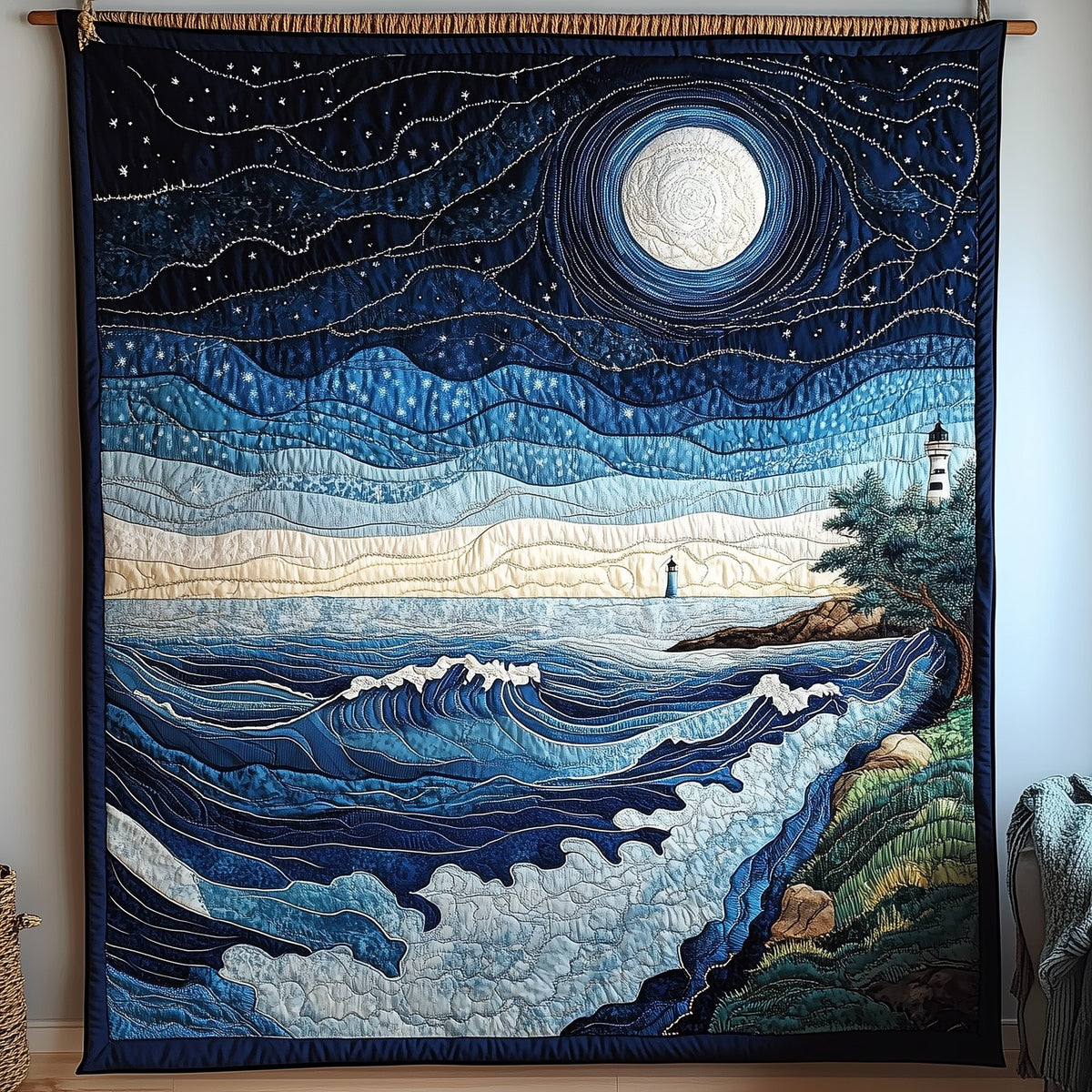 Blue Sea In Moonlight Quilted Blanket printed blanket