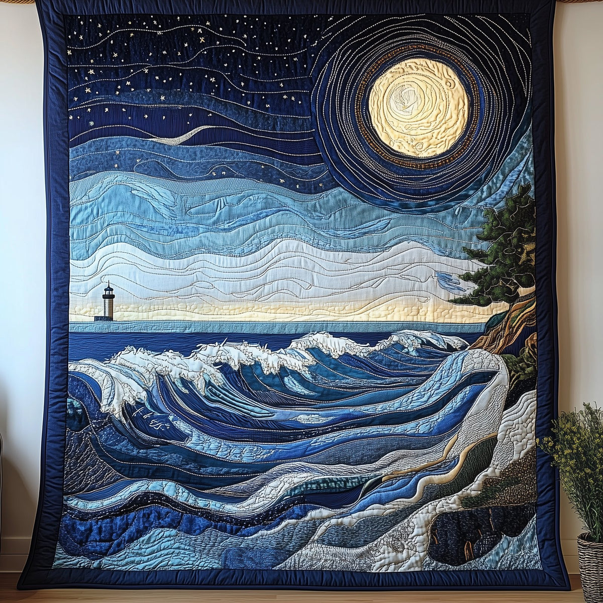 Blue Sea In Moonlight Quilted Blanket printed blanket