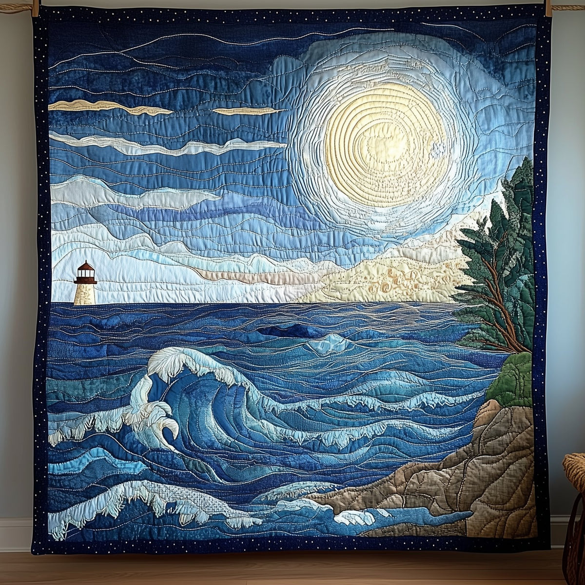 Blue Sea In Moonlight Quilted Blanket printed blanket