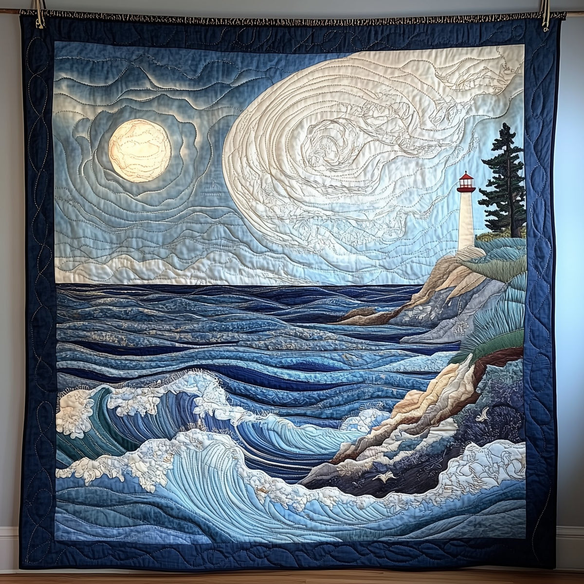 Blue Sea In Moonlight Quilted Blanket printed blanket