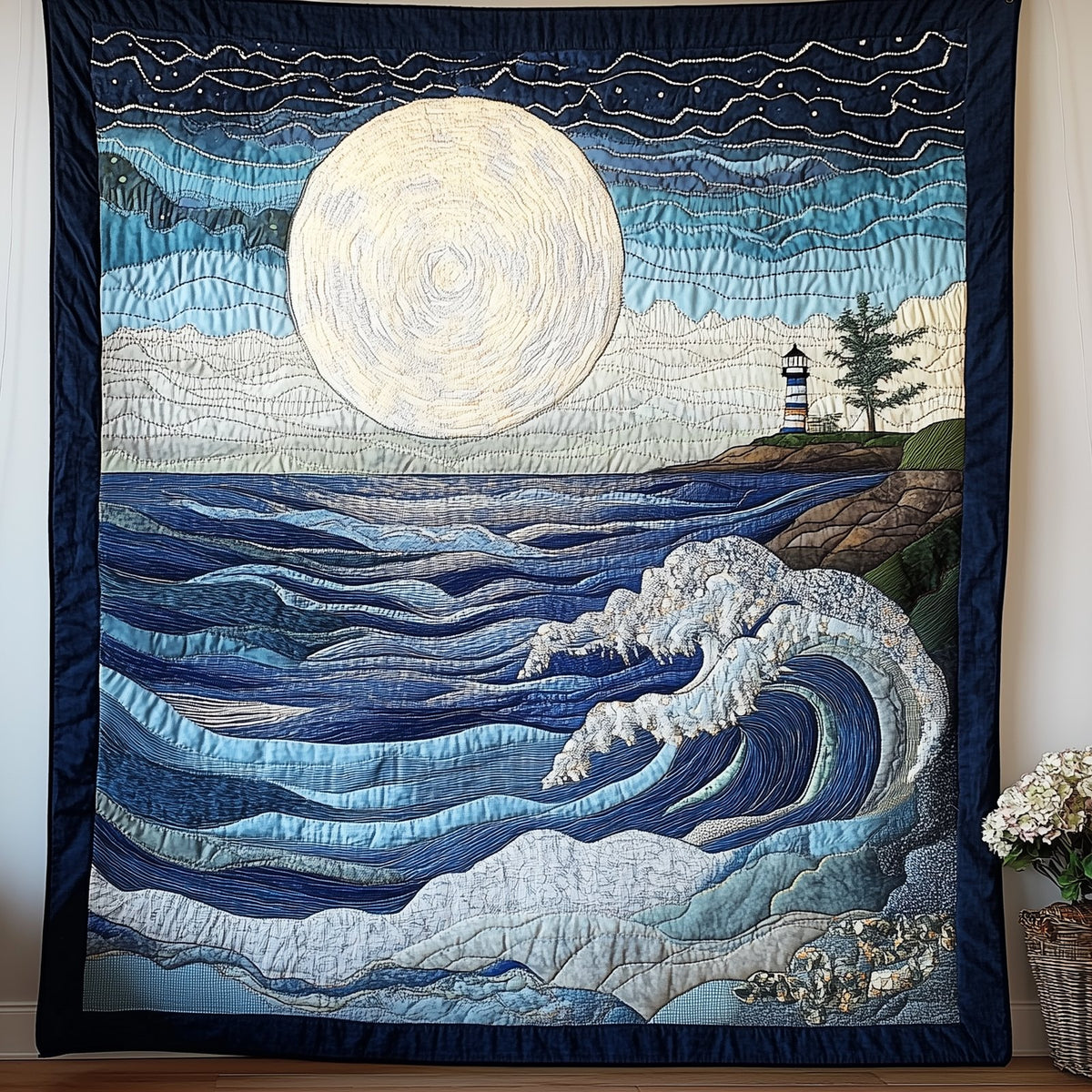 Blue Sea In Moonlight Quilted Blanket printed blanket