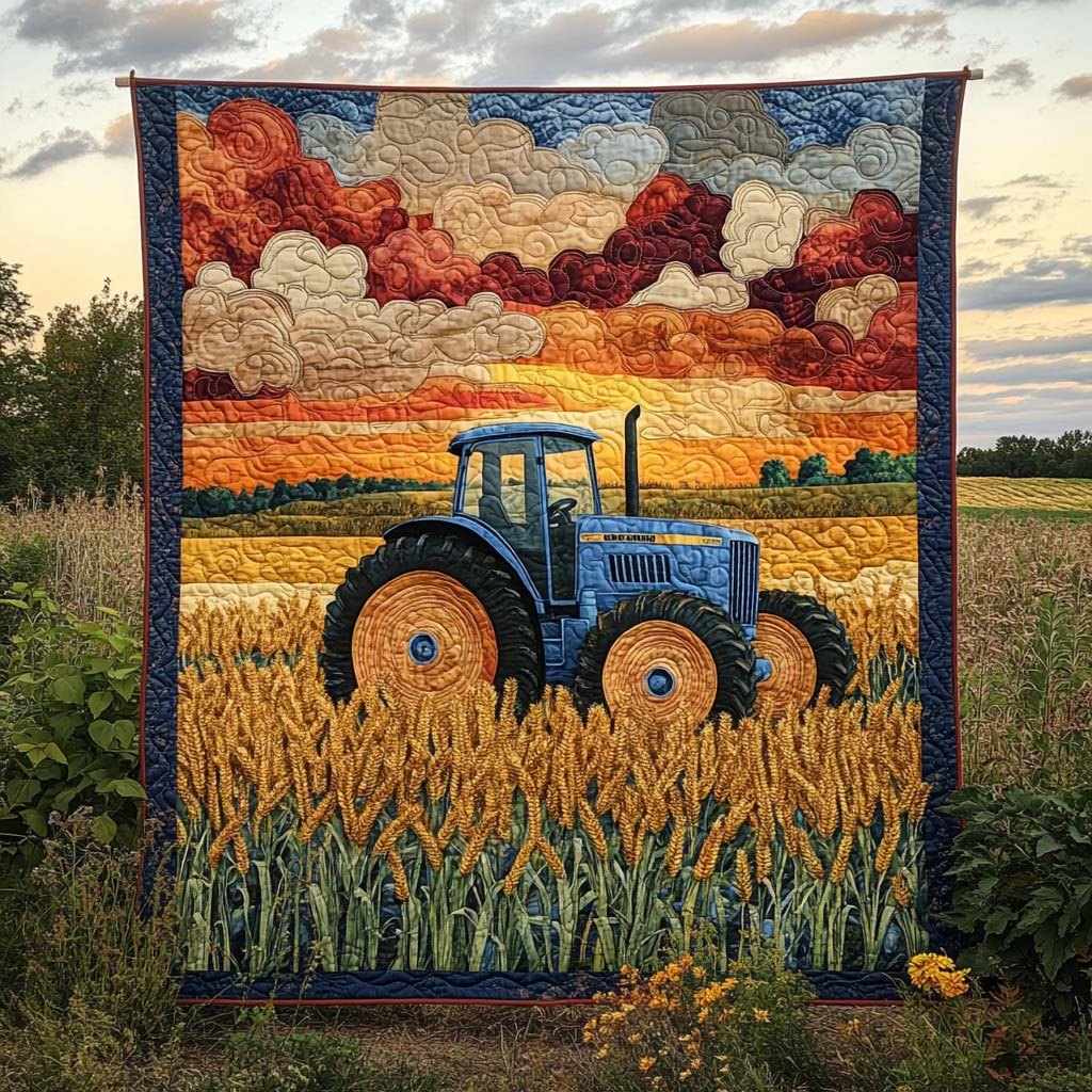 Blue Tractor Harvest Quilted Blanket printed blanket