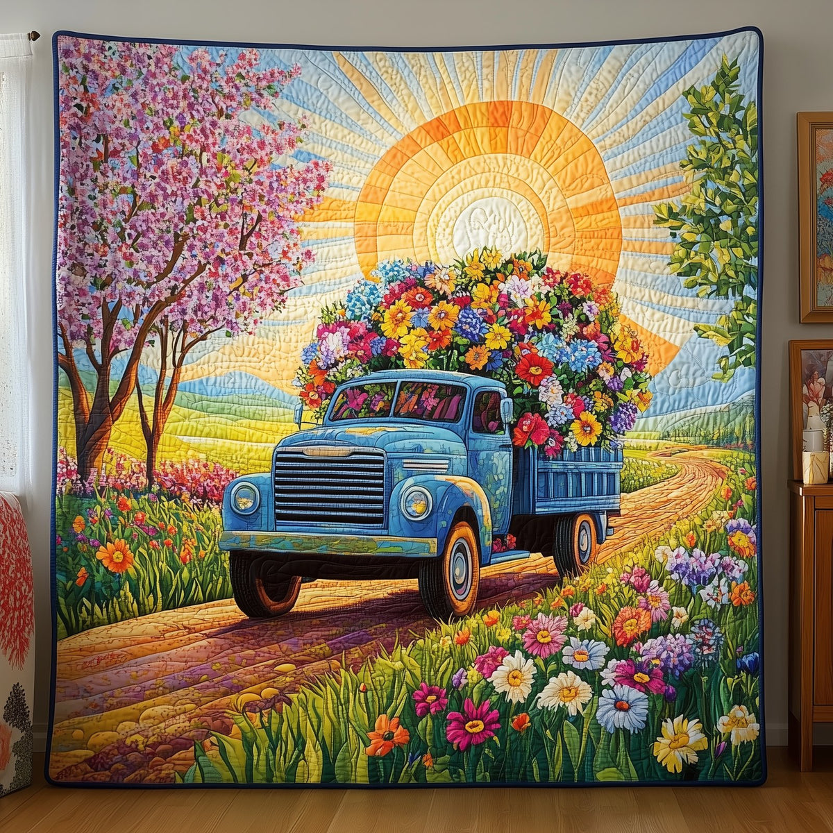 Blue Truck Blossoms Quilted Blanket printed blanket