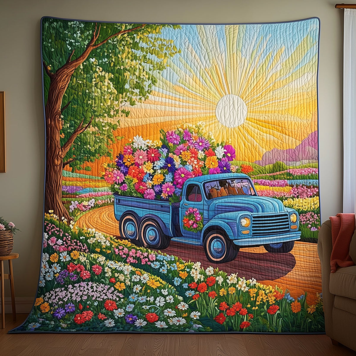 Blue Truck Blossoms Quilted Blanket printed blanket