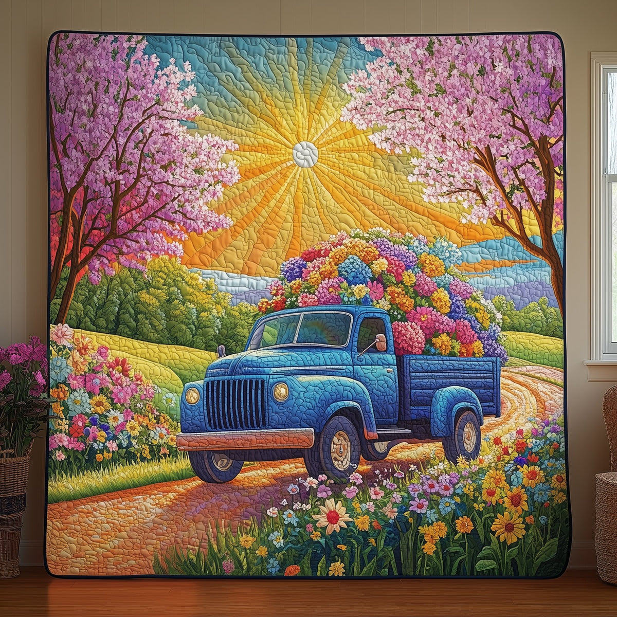 Blue Truck Blossoms Quilted Blanket printed blanket