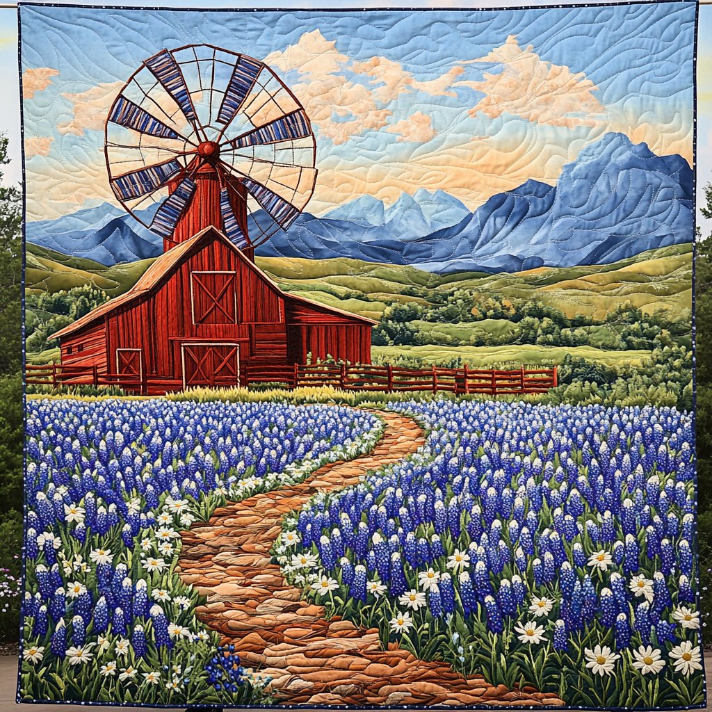 Bluebonnets Hill Quilted Blanket printed blanket