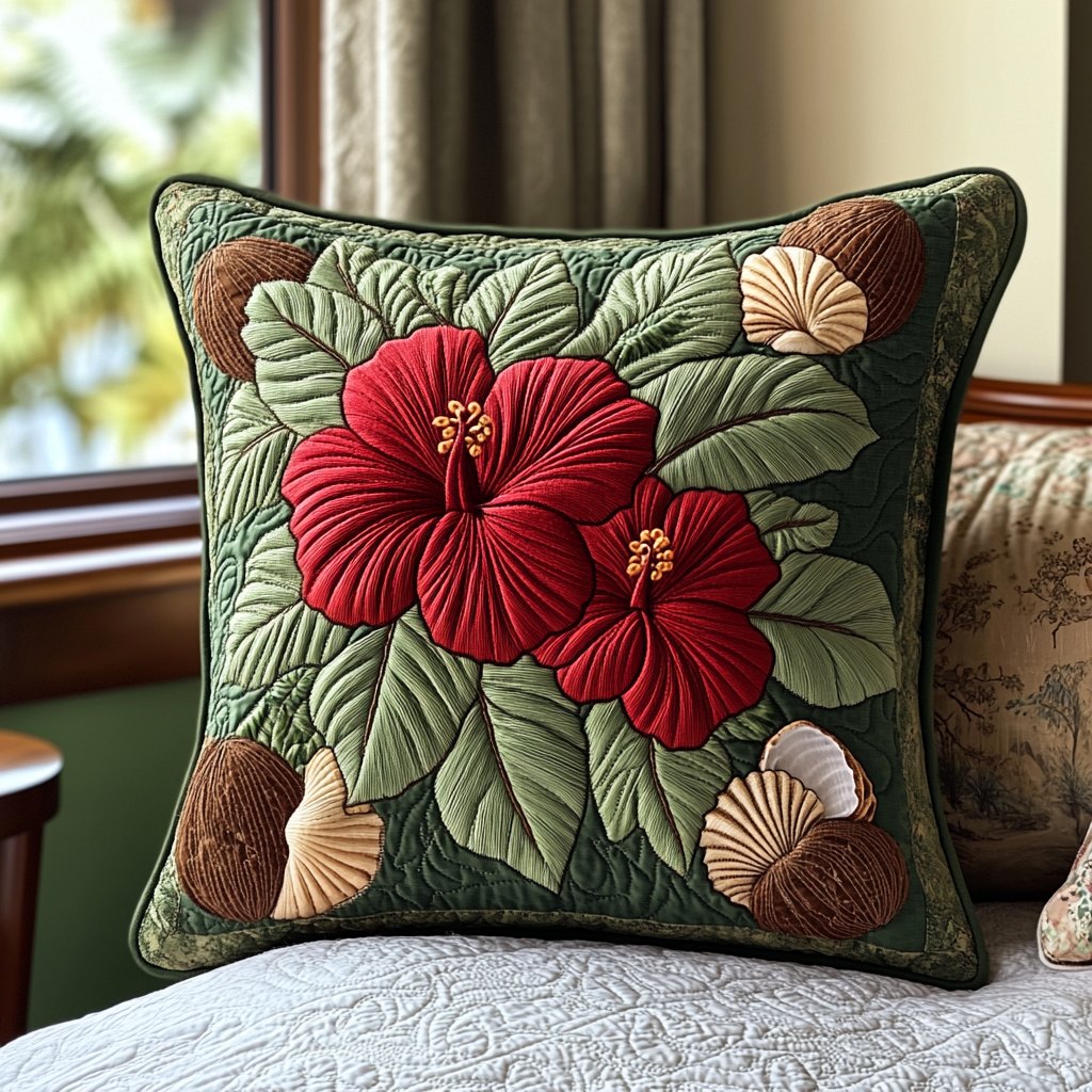 Blushing Hibiscus Quilted Cushion Cover printed cushion cover