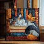 Book and Cat Quilted Tote Bag printed tote bag