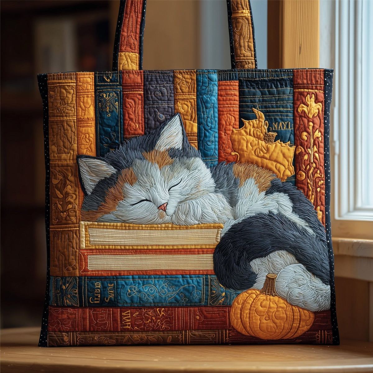 Book and Cat Quilted Tote Bag printed tote bag