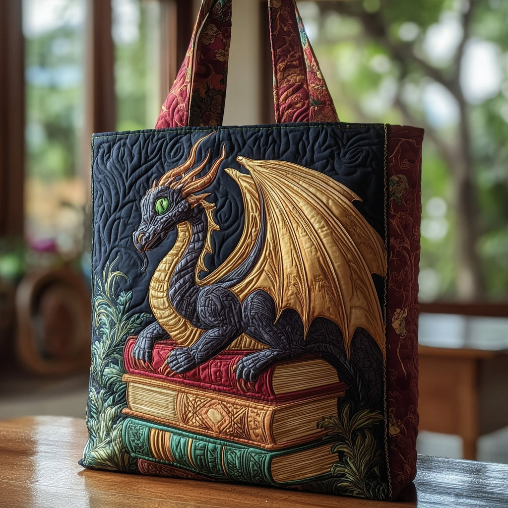 Book Dragon Quilted Tote Bag printed tote bag