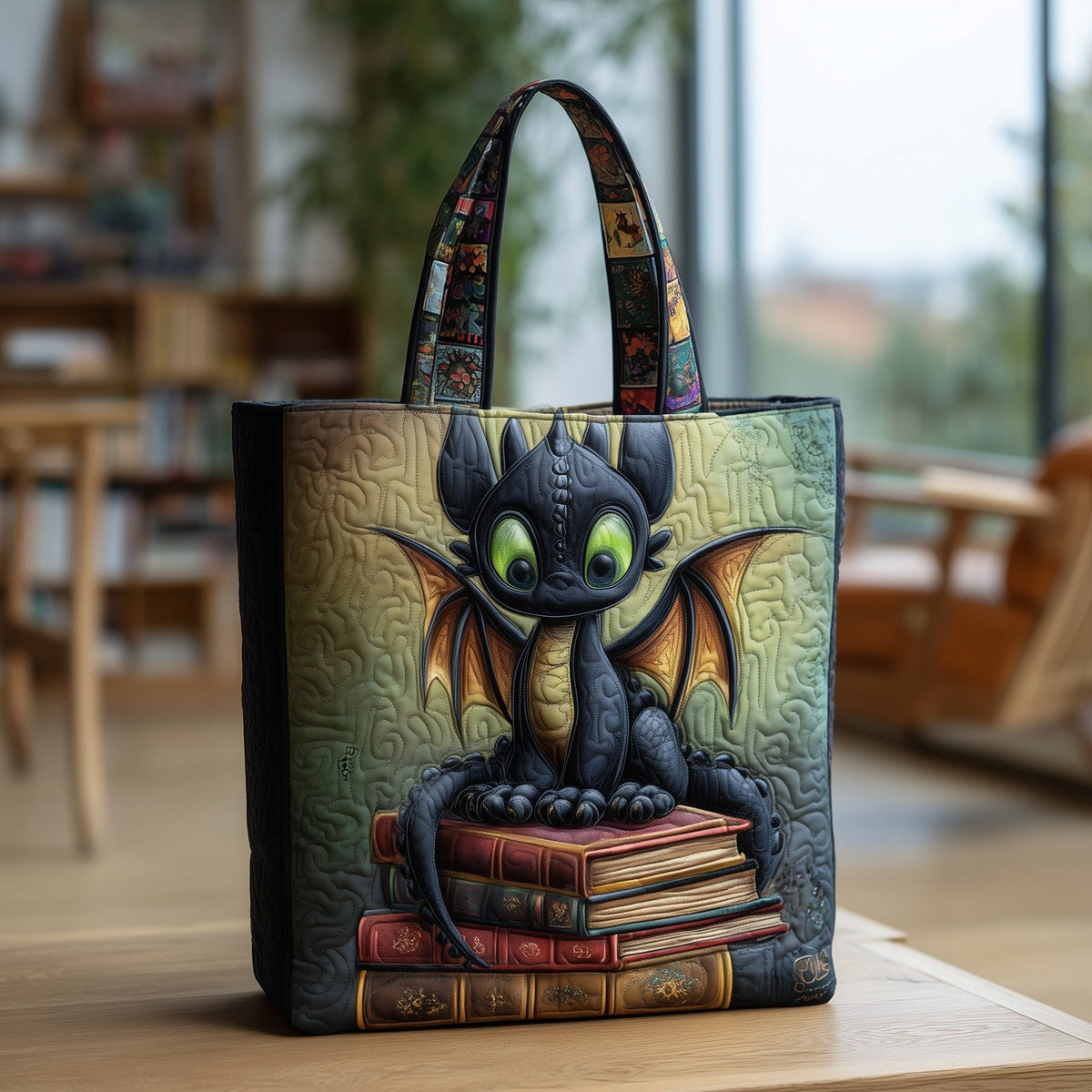 Book Dragon Quilted Tote Bag printed tote bag