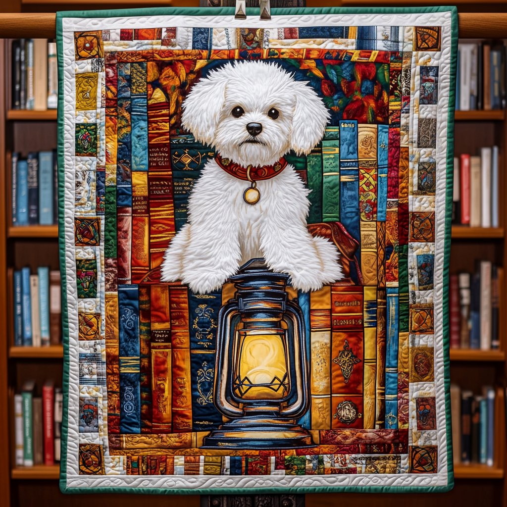 Book Nook Bichon Pup Quilted Blanket printed blanket