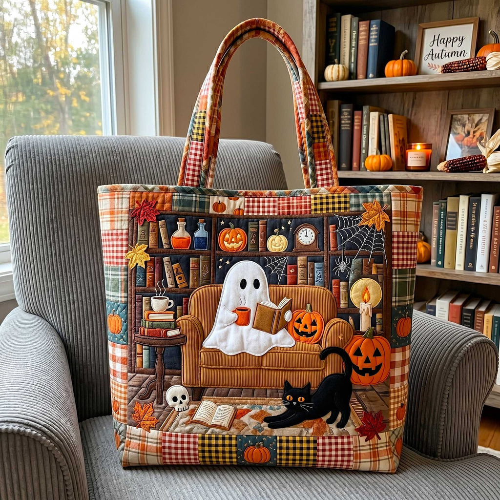 Bookish Ghost Quilted Tote Bag printed tote bag