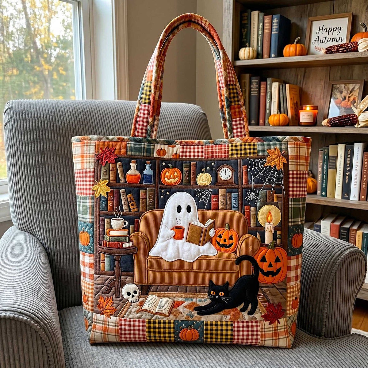 Bookish Ghost Quilted Tote Bag printed tote bag