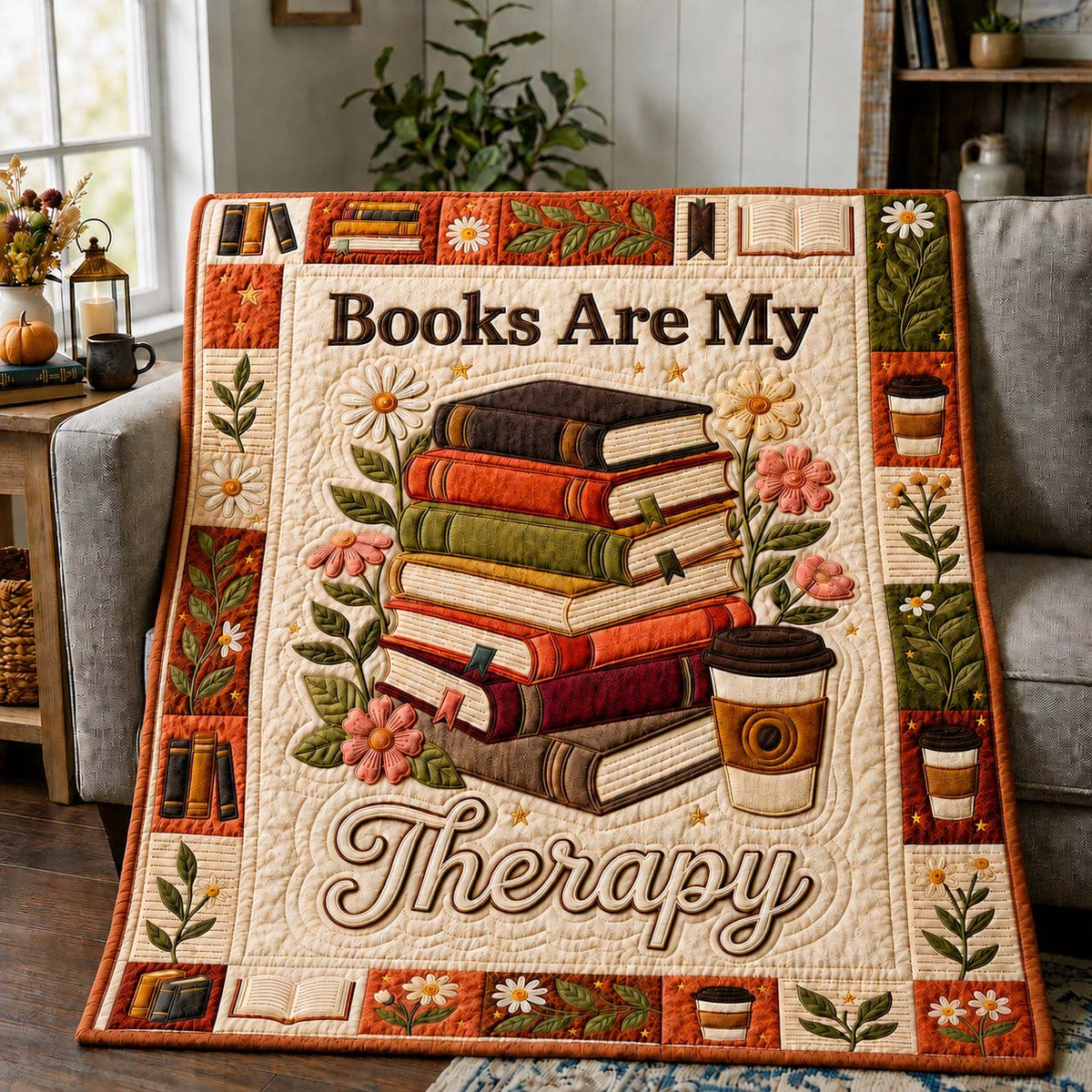 Books Are Therapy Quilted Blanket printed blanket