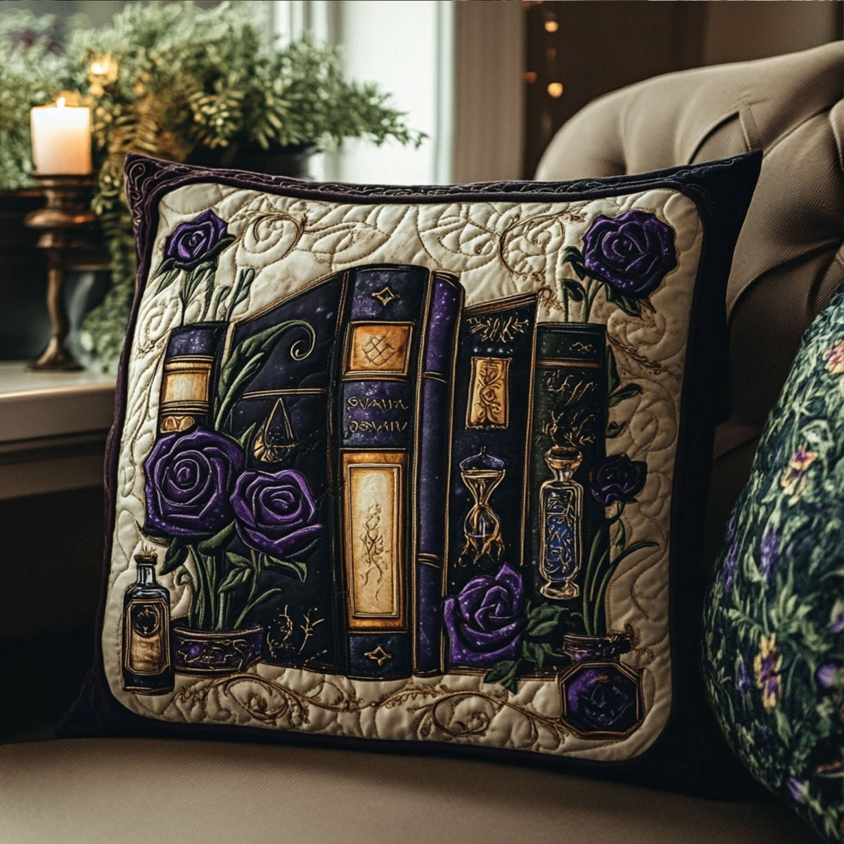 Books in Bloom Quilted Cushion Cover printed cushion cover
