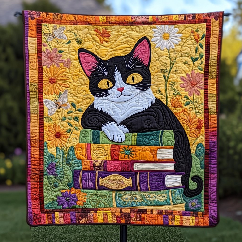 Bookstack Kitty Quilted Blanket printed blanket