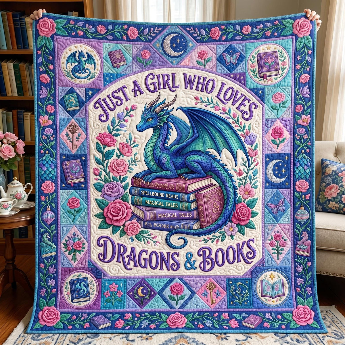 Bookworm Dragon Quilted Blanket printed blanket