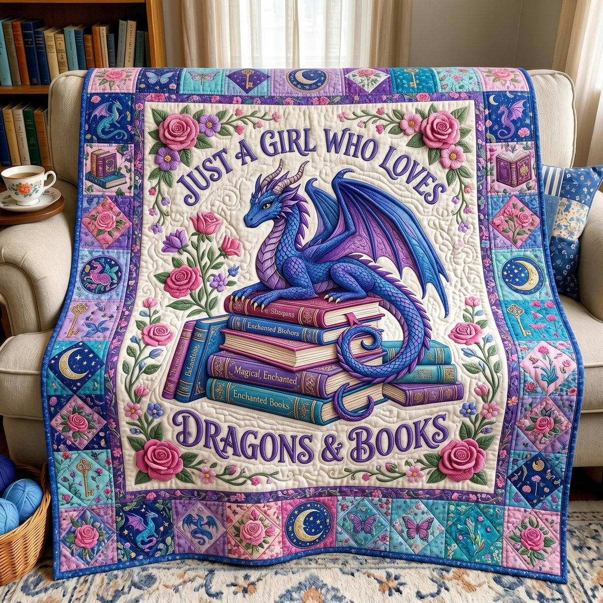 Bookworm Dragon Quilted Blanket printed blanket