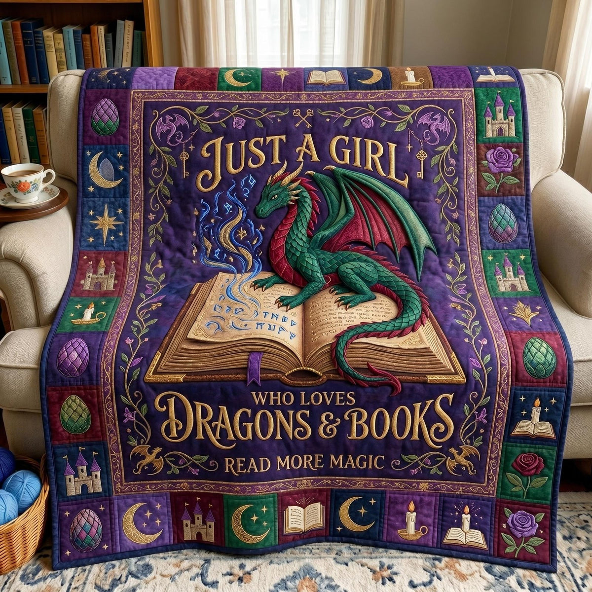 Bookworm Dragon Quilted Blanket printed blanket